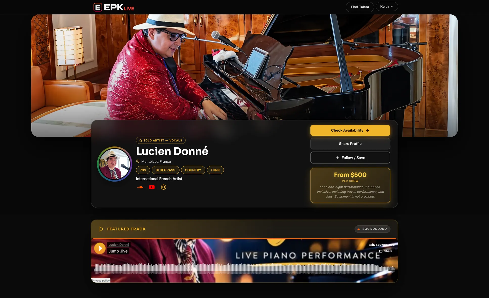 A musician's EPK with cover photo, music, video, photos, rates and booking button